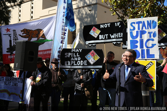 Salud Carbajal, currently running for congress, spoke against oil trains at the rally.
