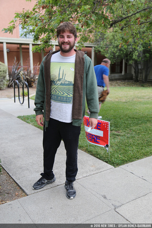 Student Ethan Moskoff voted at the Ludwick Community Center. He felt it was important to vote even though he was "discouraged that Hilary is winning now, but feeling 'the Bern'."