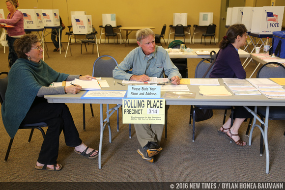 Left to right: Marcelle Bakula, David Keeling, and Elena Keeling volunteer to man one of SLO County's polling places.