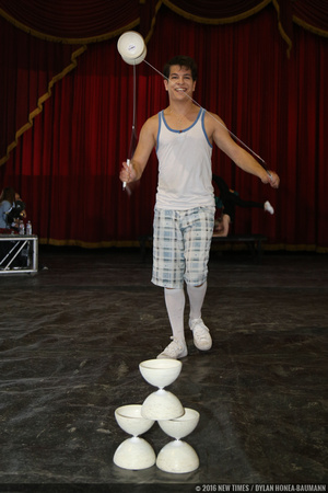 Circus performer Steve Caveagna practices a skill called Diablo during rehearsal.